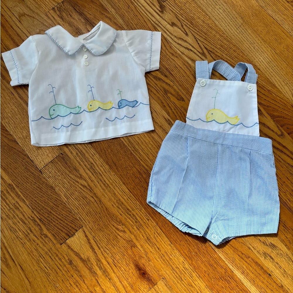 Vintage 1993 Embroidered Whales Seersucker 2 Piece Outfit Blue White Baby 6-9 M